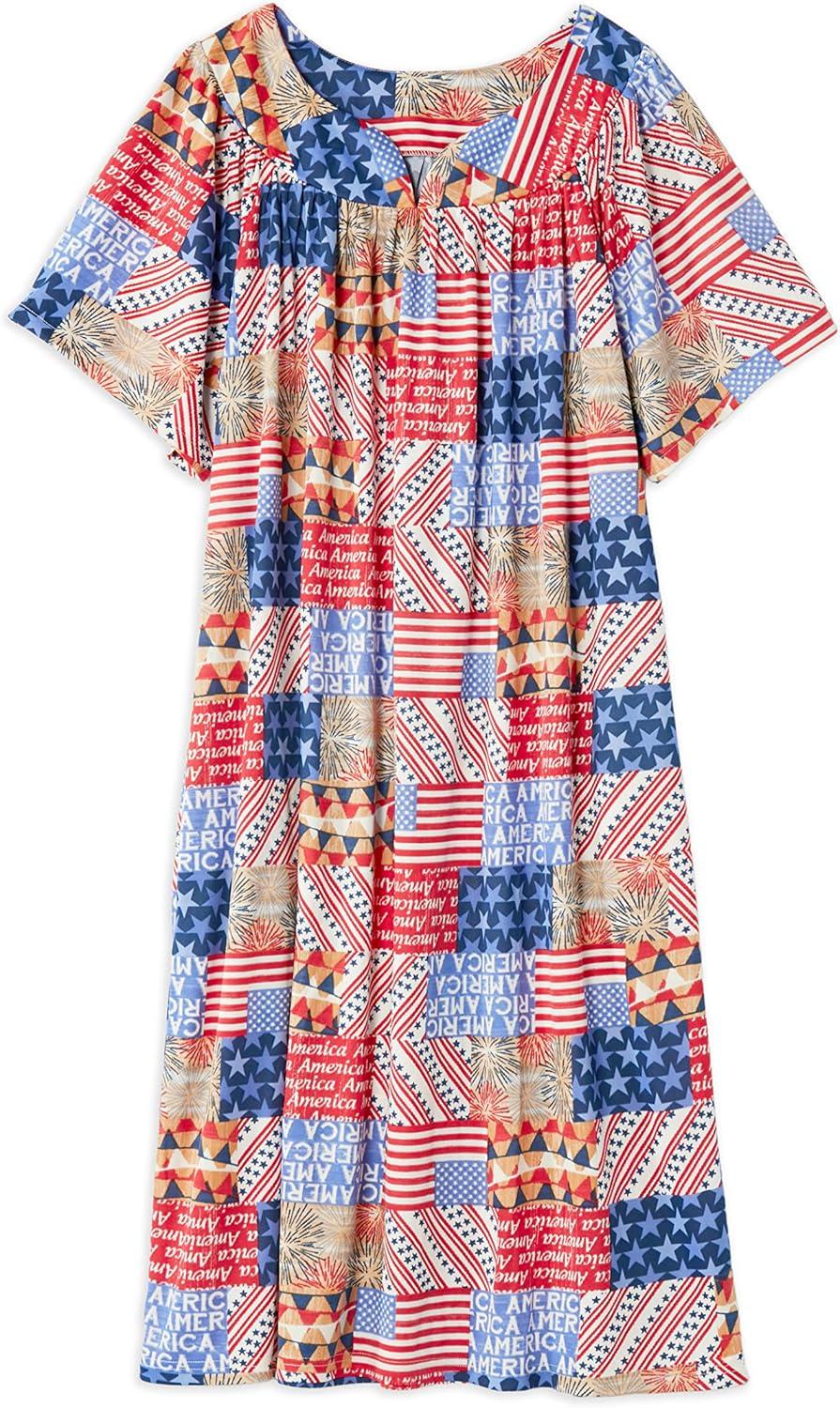 imageAmeriMark Casual Womens Patio Muumuu House Dress Loose Comfortable Short Sleeve Sun Dress Lounger Gown Sleepwear for LadiesAmericana