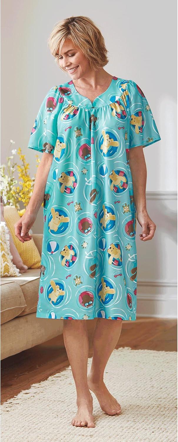 imageAmeriMark Casual Womens Patio Muumuu House Dress Loose Comfortable Short Sleeve Sun Dress Lounger Gown Sleepwear for LadiesAqua Cats Dogs