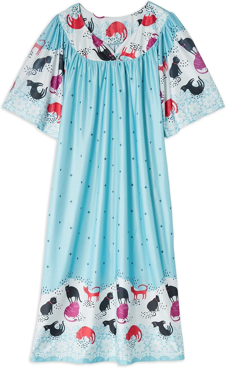 imageAmeriMark Casual Womens Patio Muumuu House Dress Loose Comfortable Short Sleeve Sun Dress Lounger Gown Sleepwear for LadiesAqua Cats