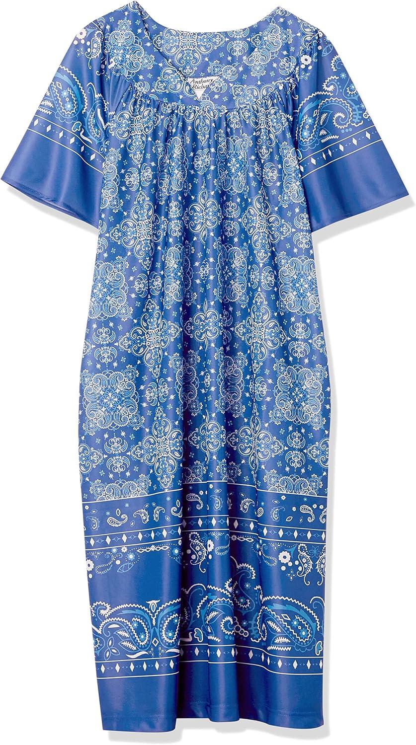 imageAmeriMark Casual Womens Patio Muumuu House Dress Loose Comfortable Short Sleeve Sun Dress Lounger Gown Sleepwear for LadiesBlue Bandana