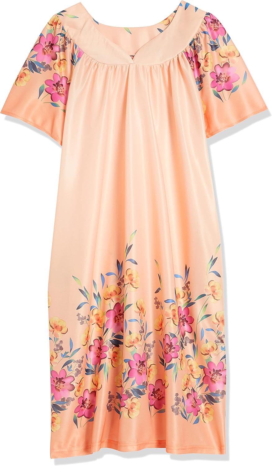 imageAmeriMark Casual Womens Patio Muumuu House Dress Loose Comfortable Short Sleeve Sun Dress Lounger Gown Sleepwear for LadiesCoral Floral Border