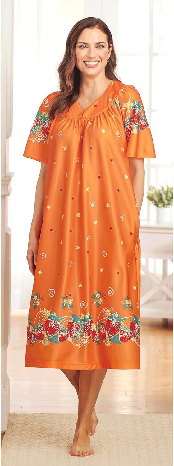 imageAmeriMark Casual Womens Patio Muumuu House Dress Loose Comfortable Short Sleeve Sun Dress Lounger Gown Sleepwear for LadiesCoral Strawberry