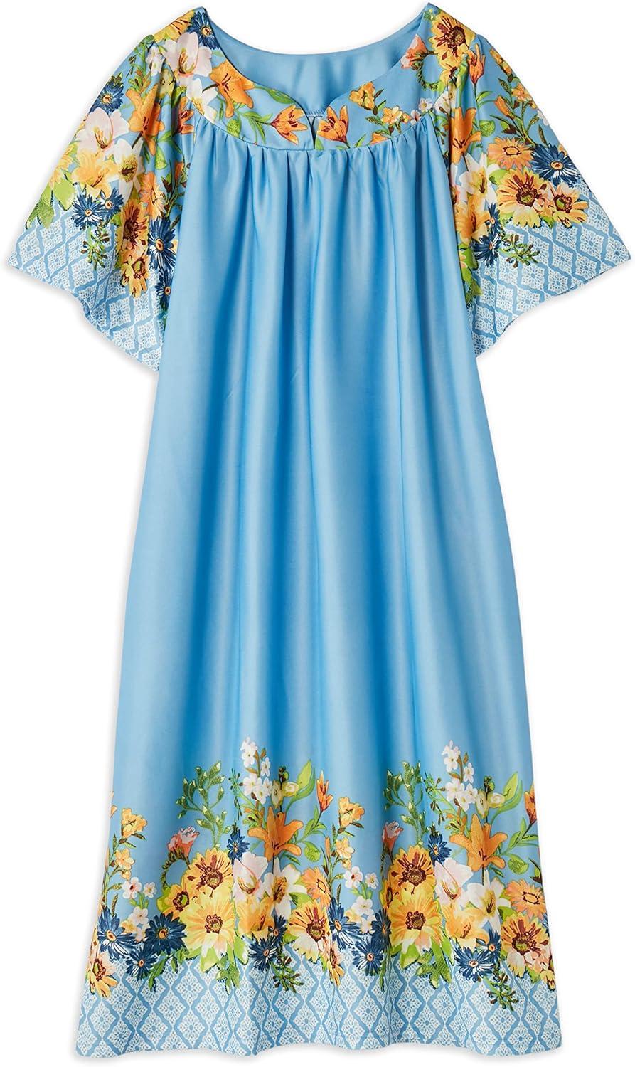 imageAmeriMark Casual Womens Patio Muumuu House Dress Loose Comfortable Short Sleeve Sun Dress Lounger Gown Sleepwear for LadiesFrench Blue Floral