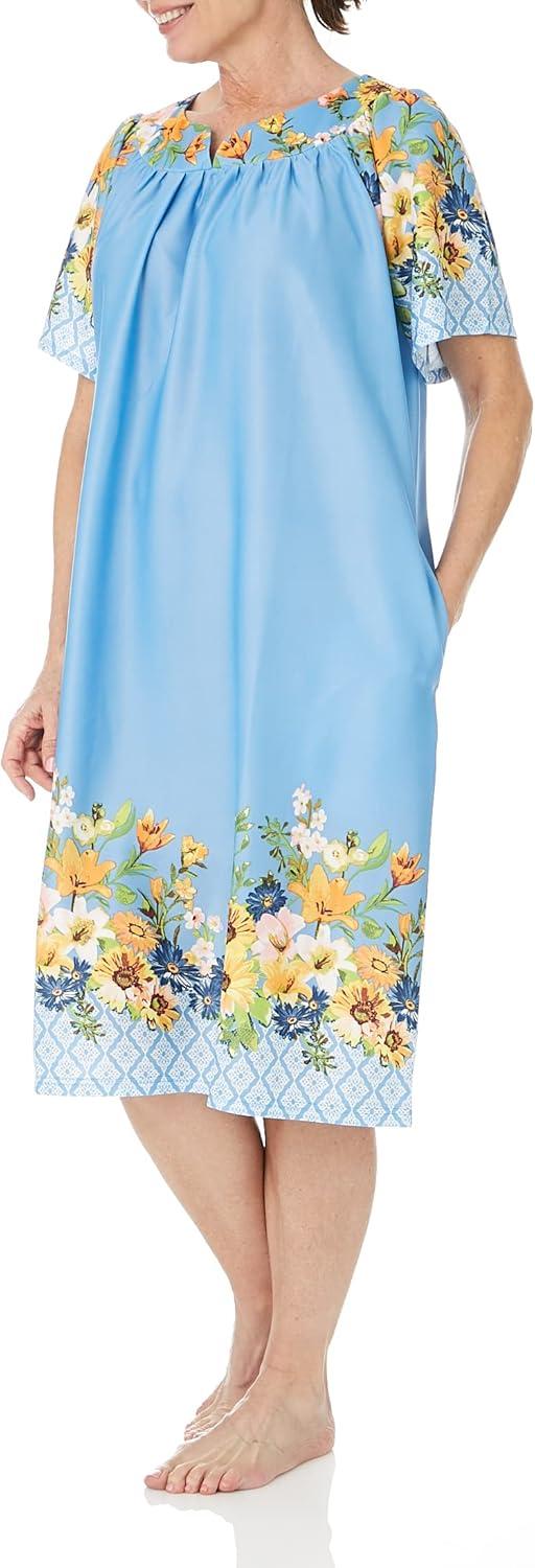 imageAmeriMark Casual Womens Patio Muumuu House Dress Loose Comfortable Short Sleeve Sun Dress Lounger Gown Sleepwear for LadiesFrench Blue Floral