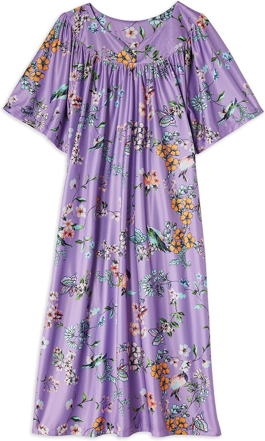imageAmeriMark Casual Womens Patio Muumuu House Dress Loose Comfortable Short Sleeve Sun Dress Lounger Gown Sleepwear for LadiesLavender Bird
