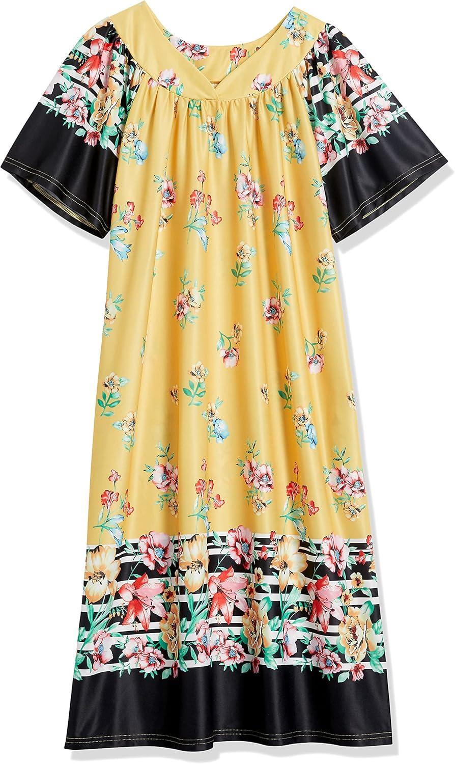 imageAmeriMark Casual Womens Patio Muumuu House Dress Loose Comfortable Short Sleeve Sun Dress Lounger Gown Sleepwear for LadiesMaize