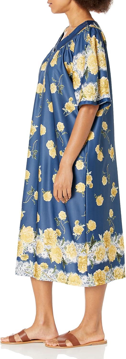 imageAmeriMark Casual Womens Patio Muumuu House Dress Loose Comfortable Short Sleeve Sun Dress Lounger Gown Sleepwear for LadiesNavy Rose Border