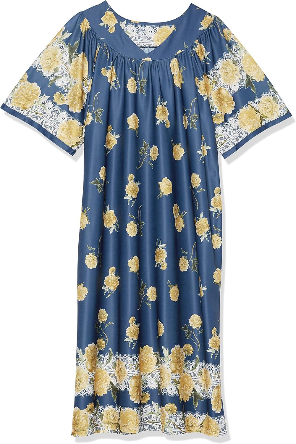 imageAmeriMark Casual Womens Patio Muumuu House Dress Loose Comfortable Short Sleeve Sun Dress Lounger Gown Sleepwear for LadiesNavy Rose Border