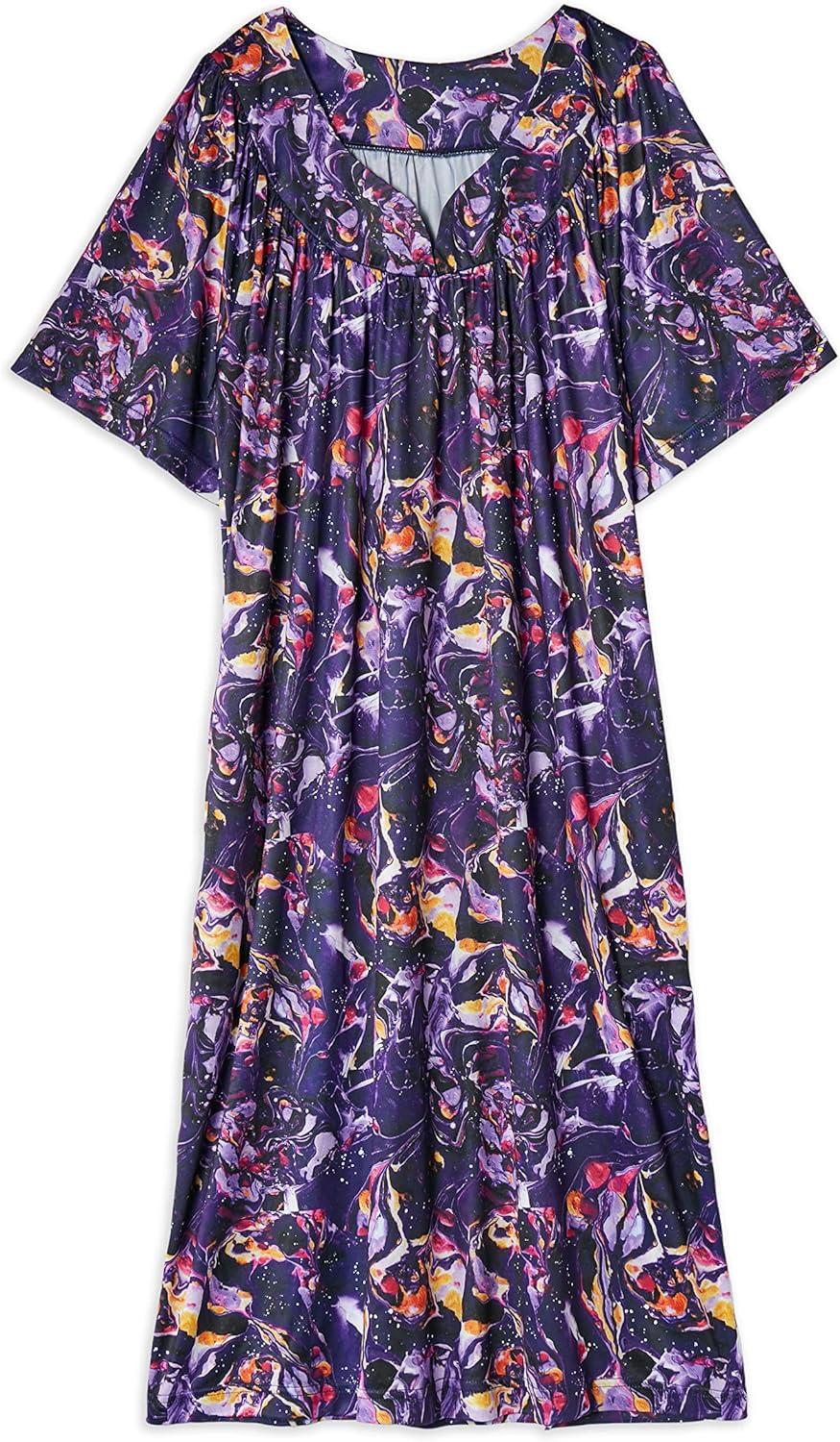 imageAmeriMark Casual Womens Patio Muumuu House Dress Loose Comfortable Short Sleeve Sun Dress Lounger Gown Sleepwear for LadiesPurple Marble