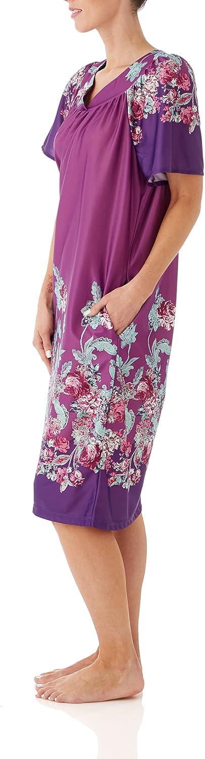 imageAmeriMark Casual Womens Patio Muumuu House Dress Loose Comfortable Short Sleeve Sun Dress Lounger Gown Sleepwear for LadiesPurple Teal Border