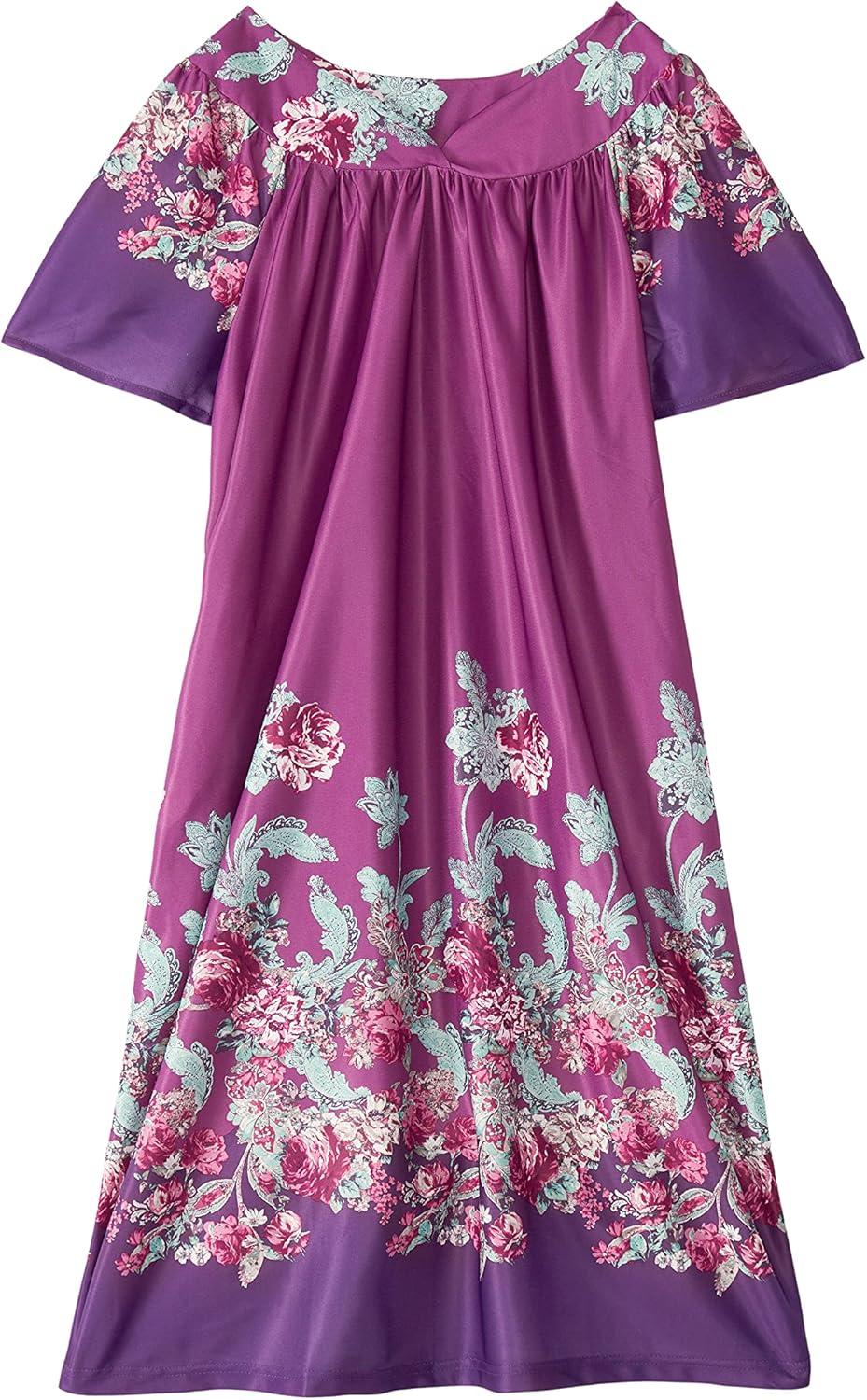 imageAmeriMark Casual Womens Patio Muumuu House Dress Loose Comfortable Short Sleeve Sun Dress Lounger Gown Sleepwear for LadiesPurple Teal Border