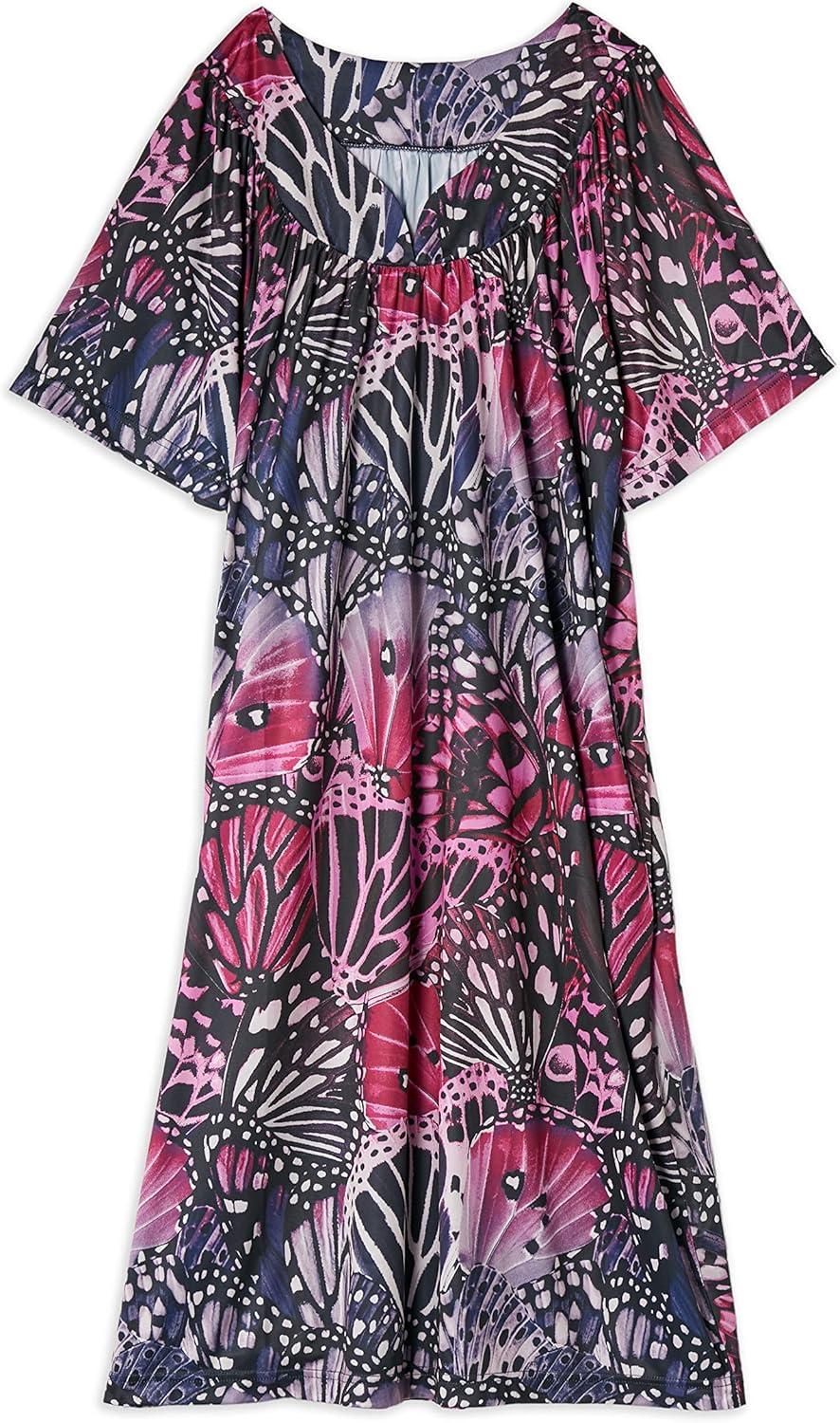 imageAmeriMark Casual Womens Patio Muumuu House Dress Loose Comfortable Short Sleeve Sun Dress Lounger Gown Sleepwear for LadiesPurple Wings