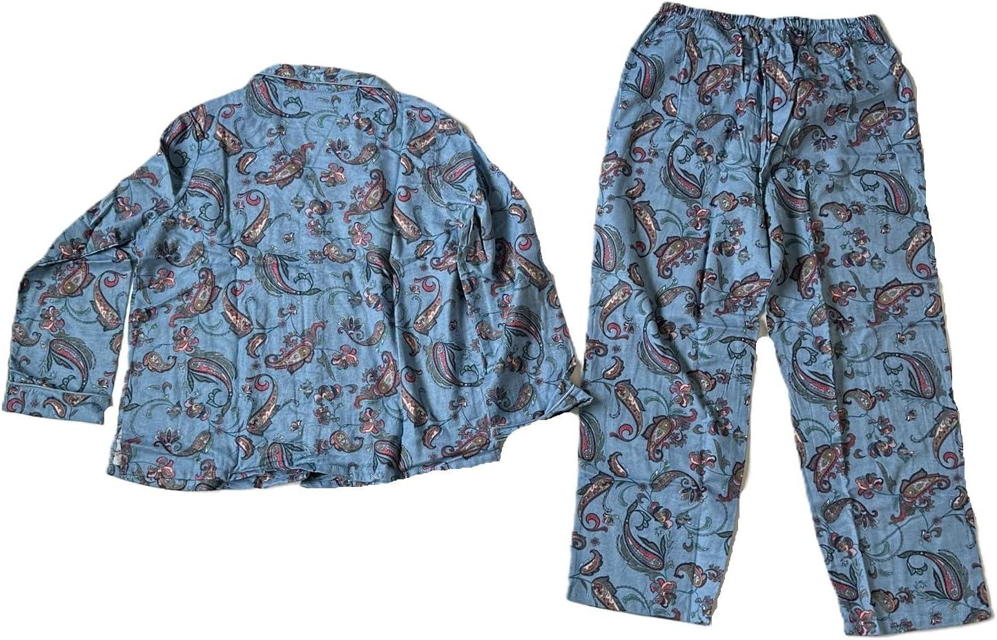 imageAmeriMark Cozee Corner Floral Printed Flannel Pajama Set 100 Cotton Flannel PJs ButtonDown Top Elastic Waist PantsBlue Paisley