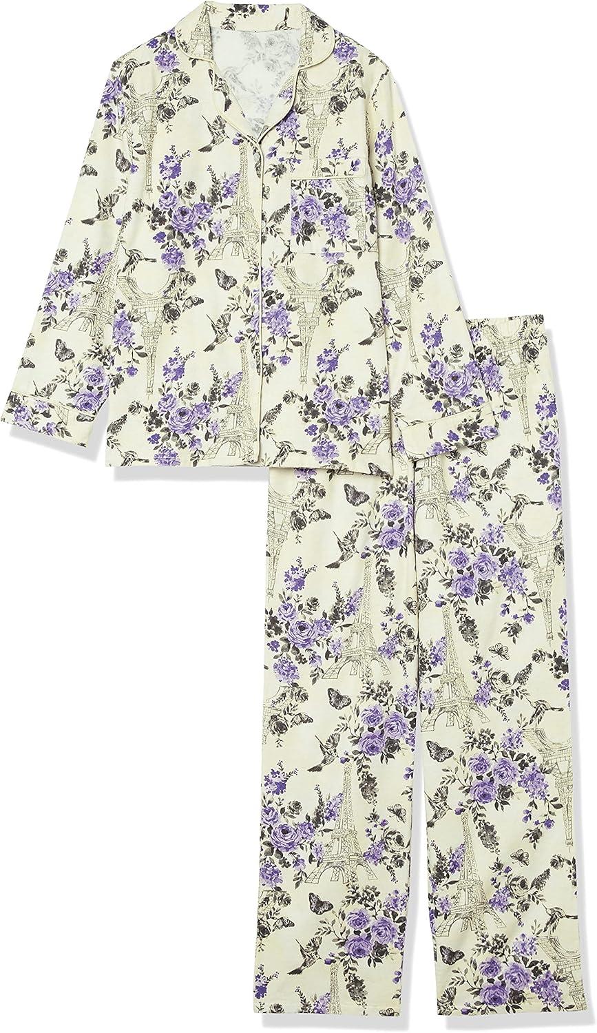 imageAmeriMark Cozee Corner Floral Printed Flannel Pajama Set 100 Cotton Flannel PJs ButtonDown Top Elastic Waist PantsIvory Tower