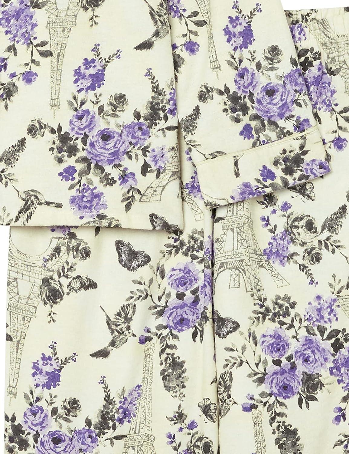 imageAmeriMark Cozee Corner Floral Printed Flannel Pajama Set 100 Cotton Flannel PJs ButtonDown Top Elastic Waist PantsIvory Tower