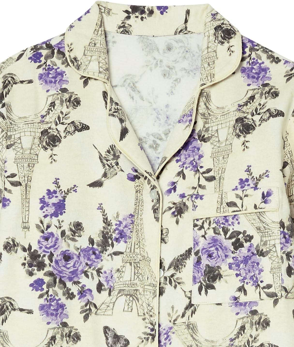 imageAmeriMark Cozee Corner Floral Printed Flannel Pajama Set 100 Cotton Flannel PJs ButtonDown Top Elastic Waist PantsIvory Tower