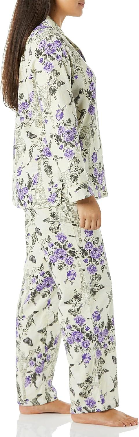 imageAmeriMark Cozee Corner Floral Printed Flannel Pajama Set 100 Cotton Flannel PJs ButtonDown Top Elastic Waist PantsIvory Tower