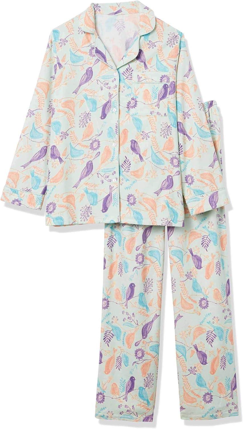 imageAmeriMark Cozee Corner Floral Printed Flannel Pajama Set 100 Cotton Flannel PJs ButtonDown Top Elastic Waist PantsMint Birds
