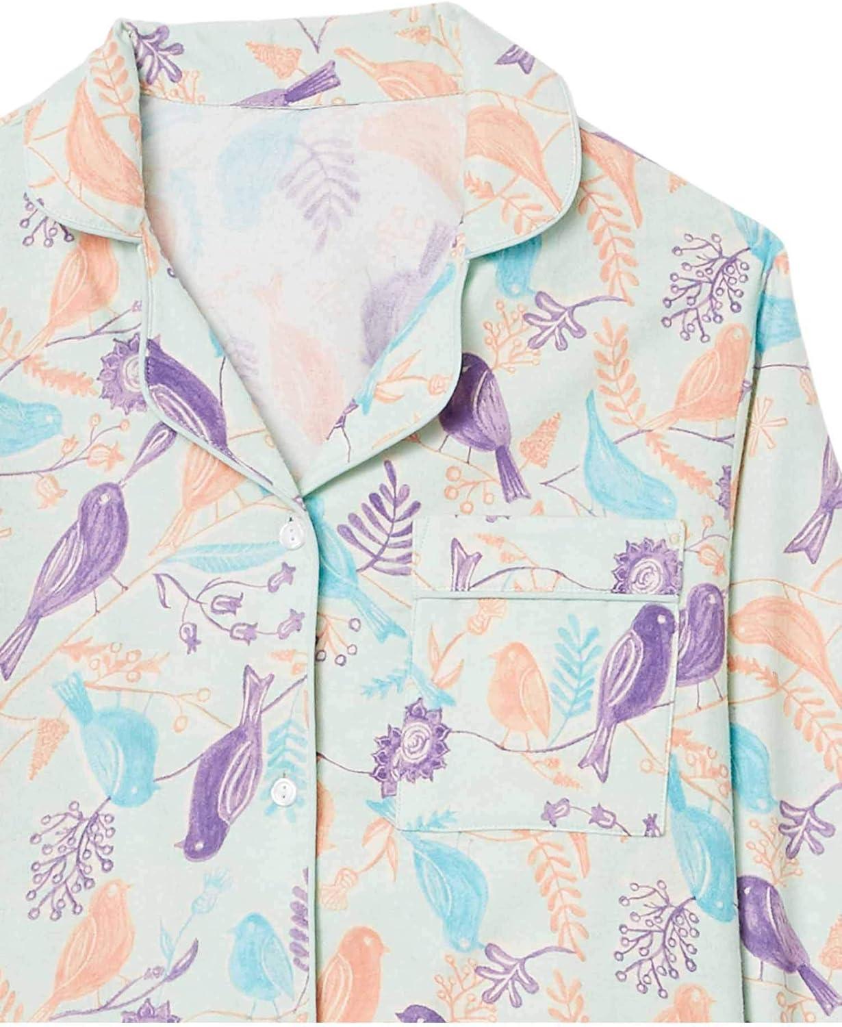 imageAmeriMark Cozee Corner Floral Printed Flannel Pajama Set 100 Cotton Flannel PJs ButtonDown Top Elastic Waist PantsMint Birds