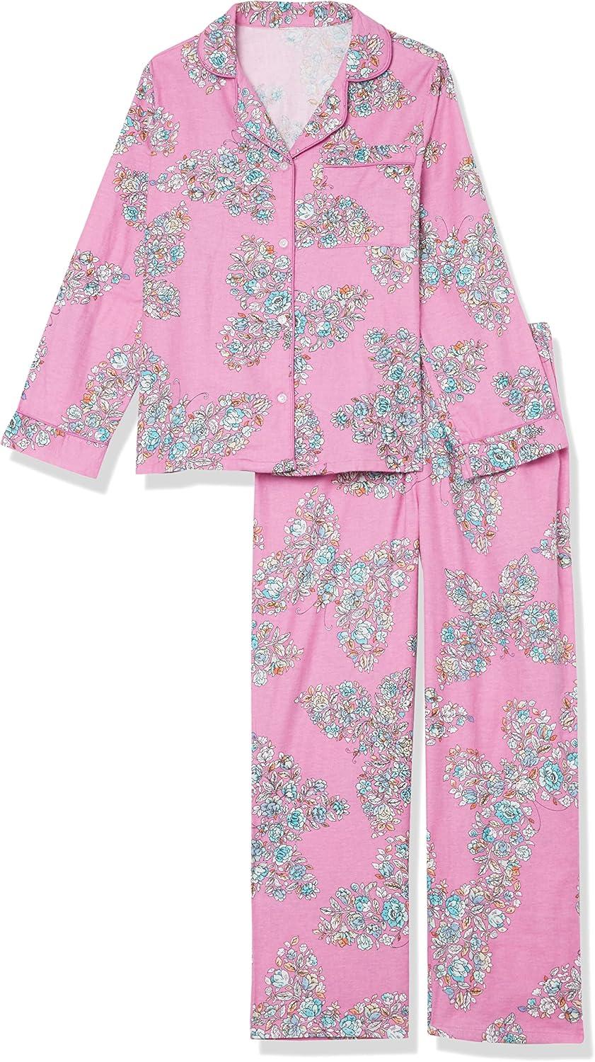 imageAmeriMark Cozee Corner Floral Printed Flannel Pajama Set 100 Cotton Flannel PJs ButtonDown Top Elastic Waist PantsRose Butterfly