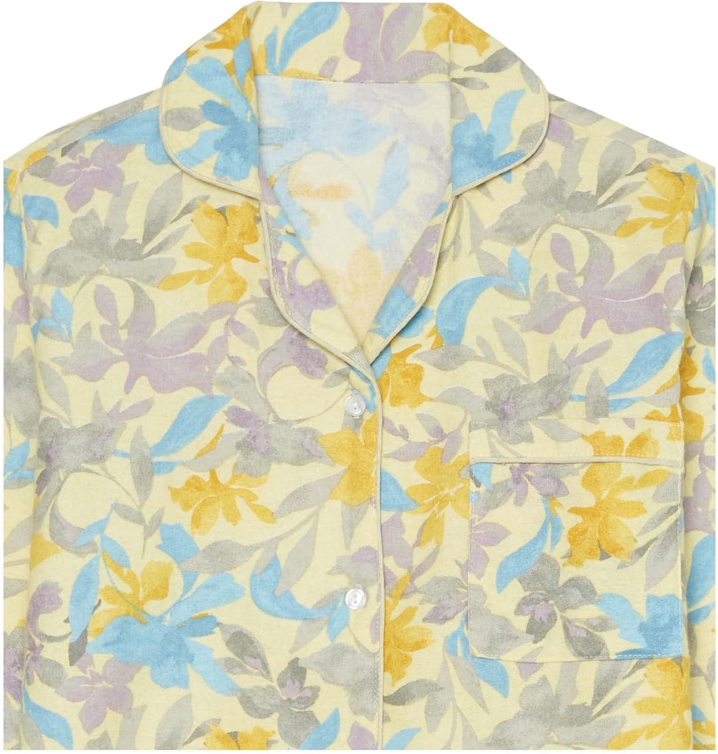 imageAmeriMark Cozee Corner Floral Printed Flannel Pajama Set 100 Cotton Flannel PJs ButtonDown Top Elastic Waist PantsYellow Floral