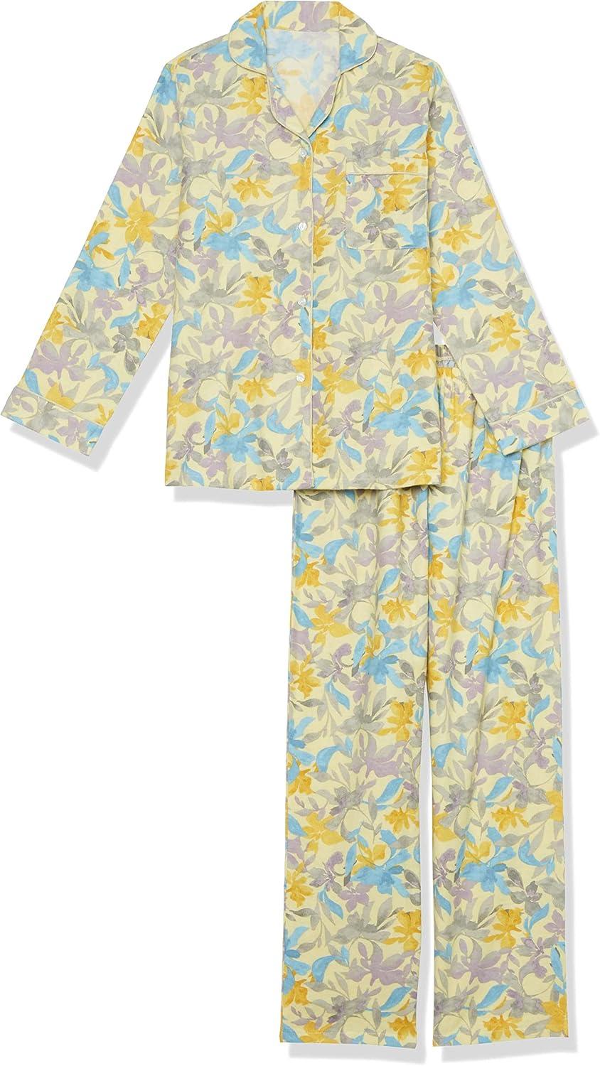 imageAmeriMark Cozee Corner Floral Printed Flannel Pajama Set 100 Cotton Flannel PJs ButtonDown Top Elastic Waist PantsYellow Floral