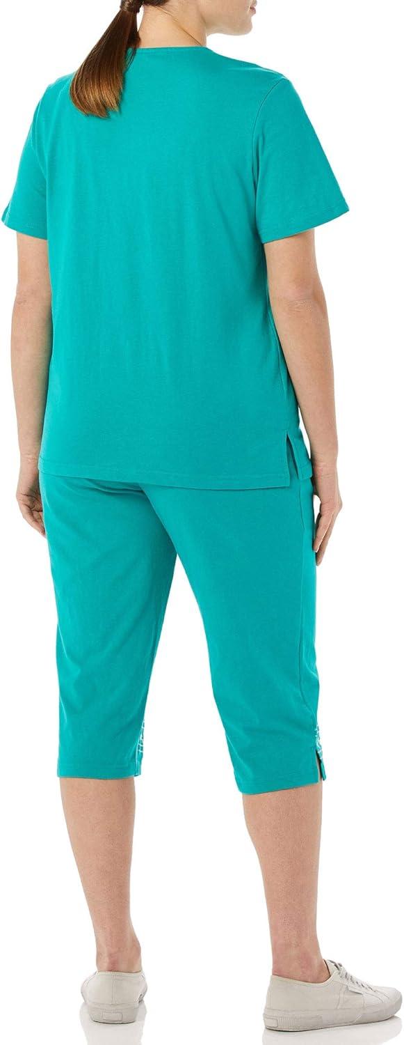 imageAmeriMark Embroidered Floral Trim Capri Set Womens Capri Top amp Pants OutfitJade