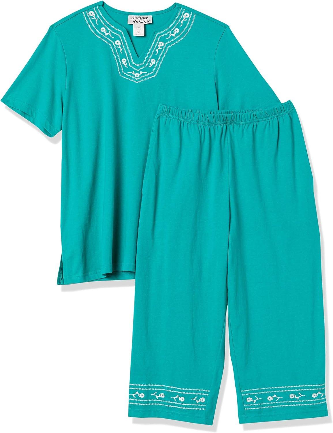 imageAmeriMark Embroidered Floral Trim Capri Set Womens Capri Top amp Pants OutfitJade