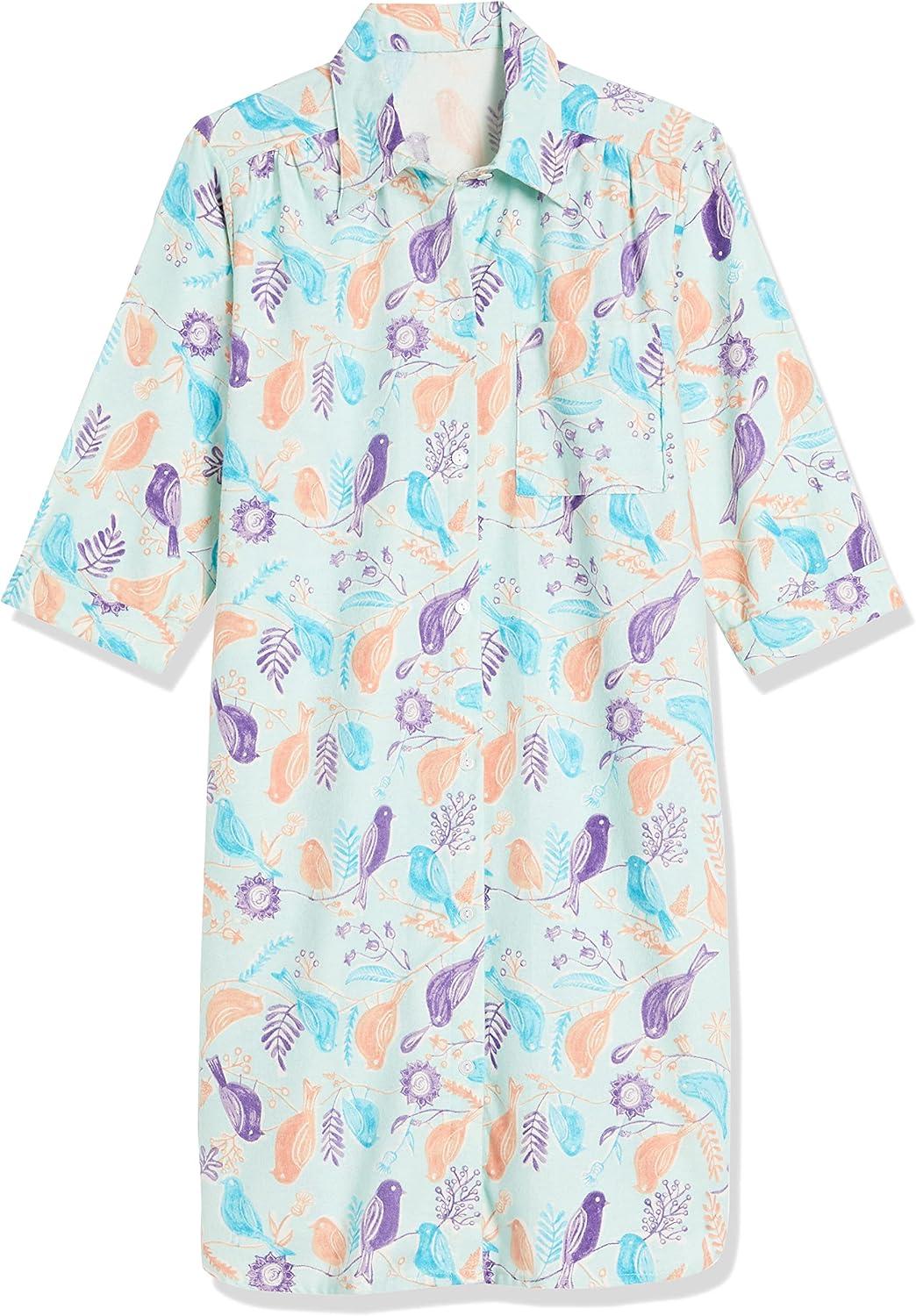 imageAmeriMark Flannel Nightshirt Button Down Sleepshirt Knit Nightgown for Women Plus SizeMint Birds