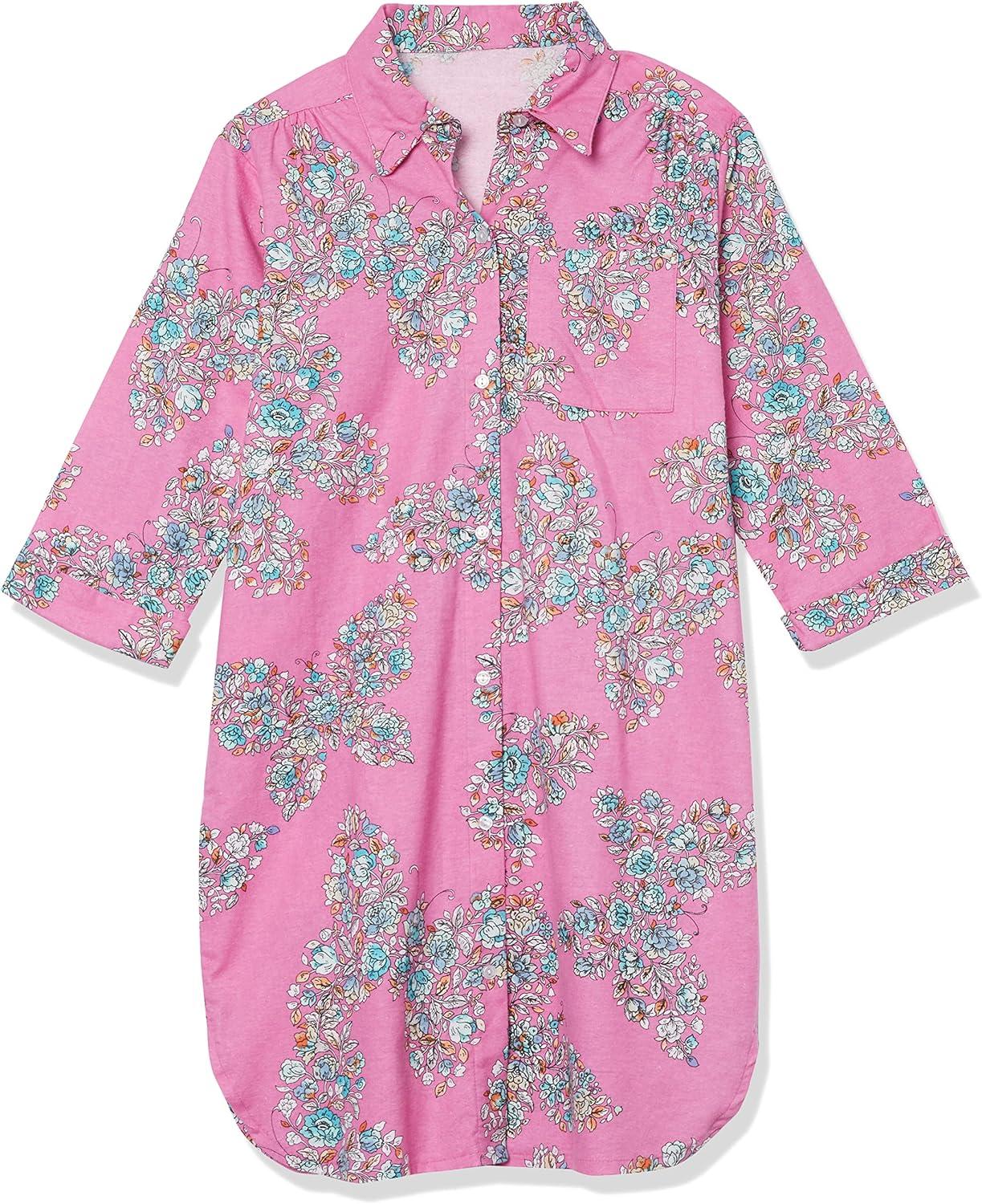 imageAmeriMark Flannel Nightshirt Button Down Sleepshirt Knit Nightgown for Women Plus SizeRose Butterfly