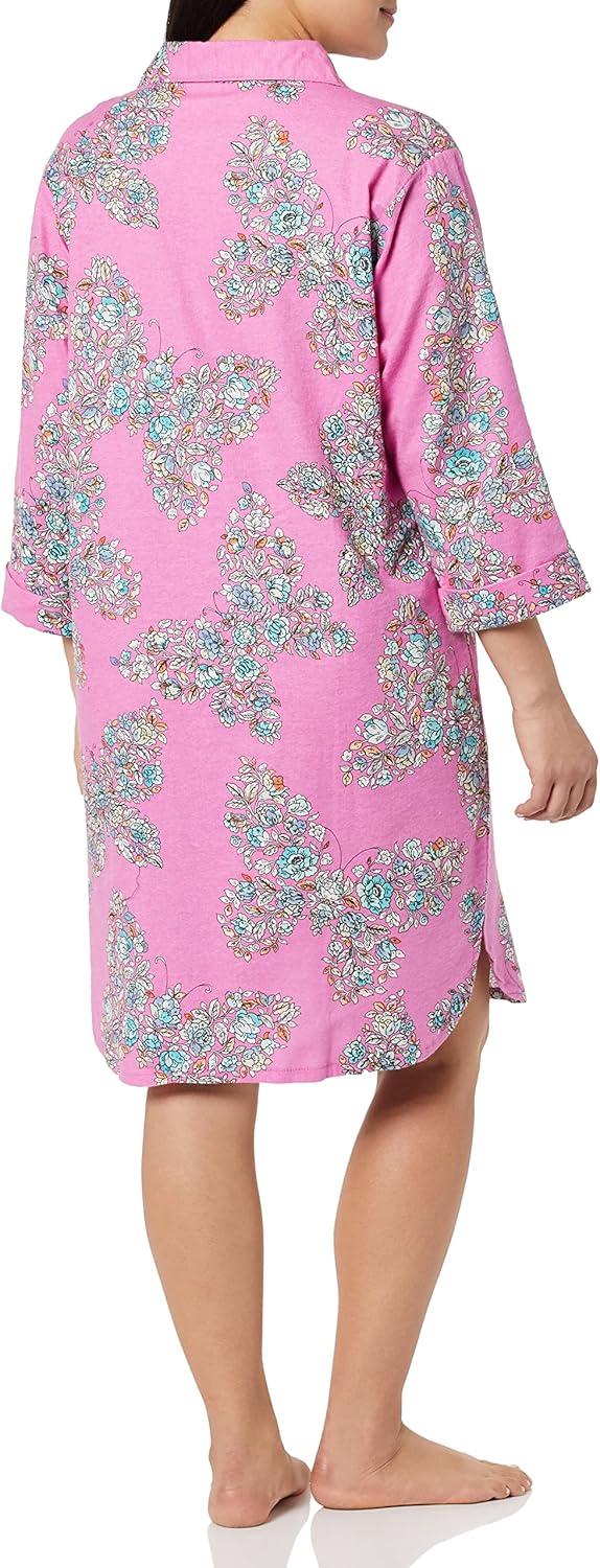 imageAmeriMark Flannel Nightshirt Button Down Sleepshirt Knit Nightgown for Women Plus SizeRose Butterfly