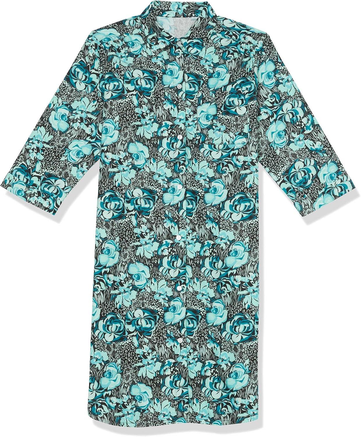 imageAmeriMark Flannel Nightshirt Button Down Sleepshirt Knit Nightgown for Women Plus SizeTeal Floral
