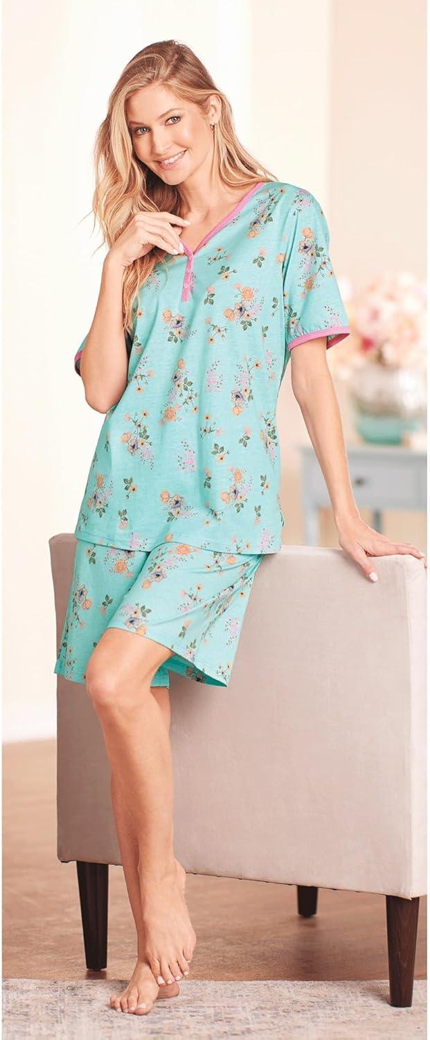 imageAmeriMark Print Knit PJ Sleepwear Two Piece Pajama Short Set for WomenSky Floral