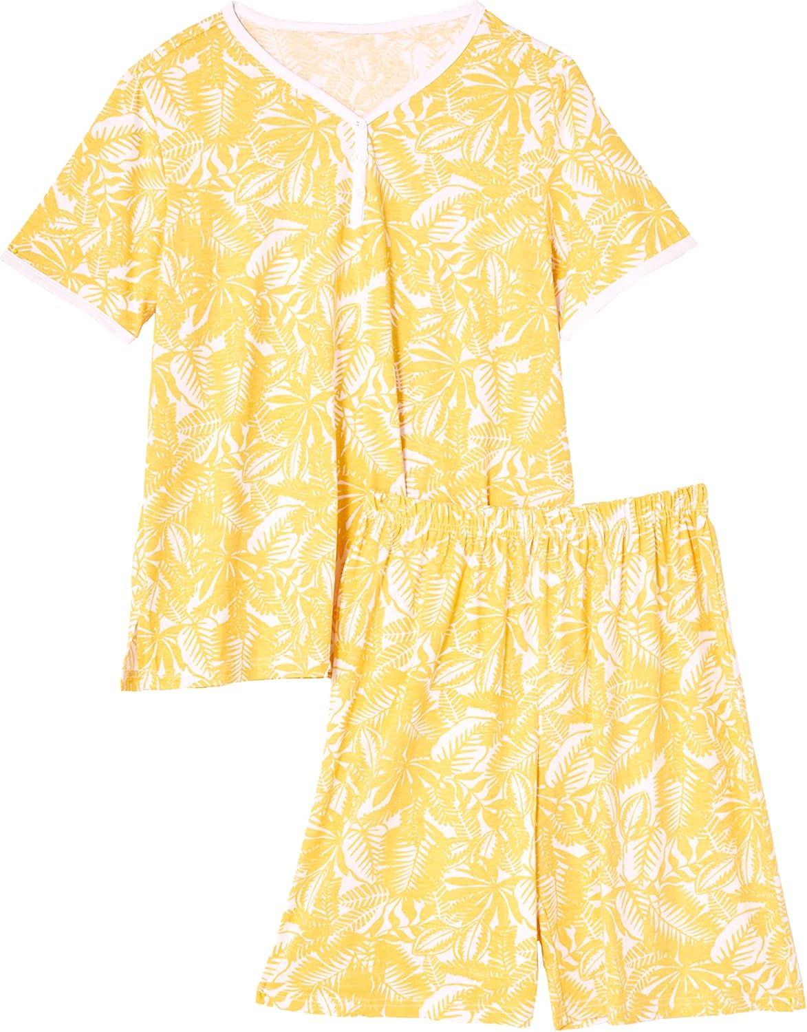 imageAmeriMark Print Knit PJ Sleepwear Two Piece Pajama Short Set for WomenYellow