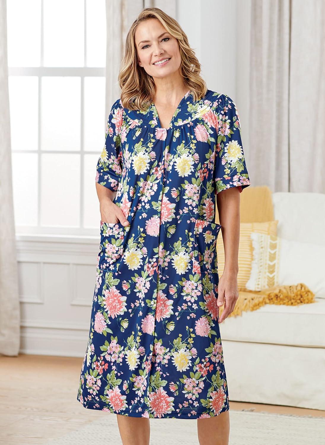 imageAmeriMark Women CalfLength Snap Front Duster Bathrobe Plush LooseFitting Housecoat Full Coverage Bath Robe Patch PocketsNavy Print