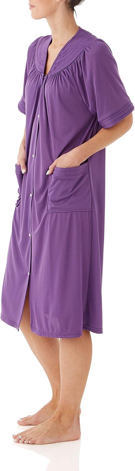 imageAmeriMark Women CalfLength Snap Front Duster Bathrobe Plush LooseFitting Housecoat Full Coverage Bath Robe Patch PocketsPurple