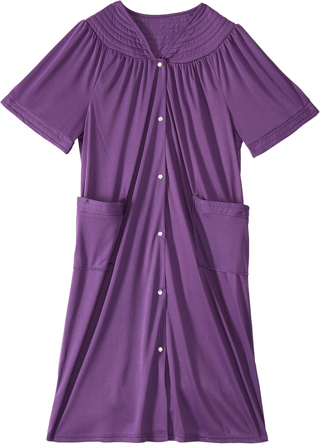 imageAmeriMark Women CalfLength Snap Front Duster Bathrobe Plush LooseFitting Housecoat Full Coverage Bath Robe Patch PocketsPurple