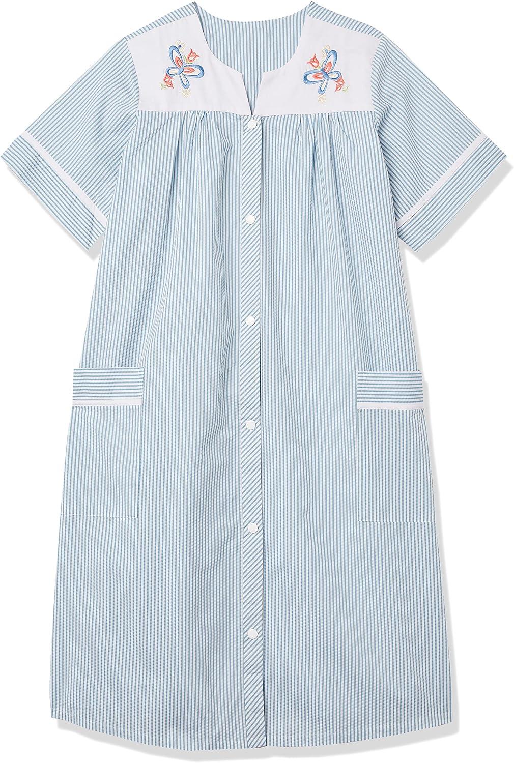 imageAmeriMark Women CalfLength Snap Front Knit Duster House Coat Robe LooseFitting Plush Bathrobe Short Sleeve Bath RobeFrench Blue