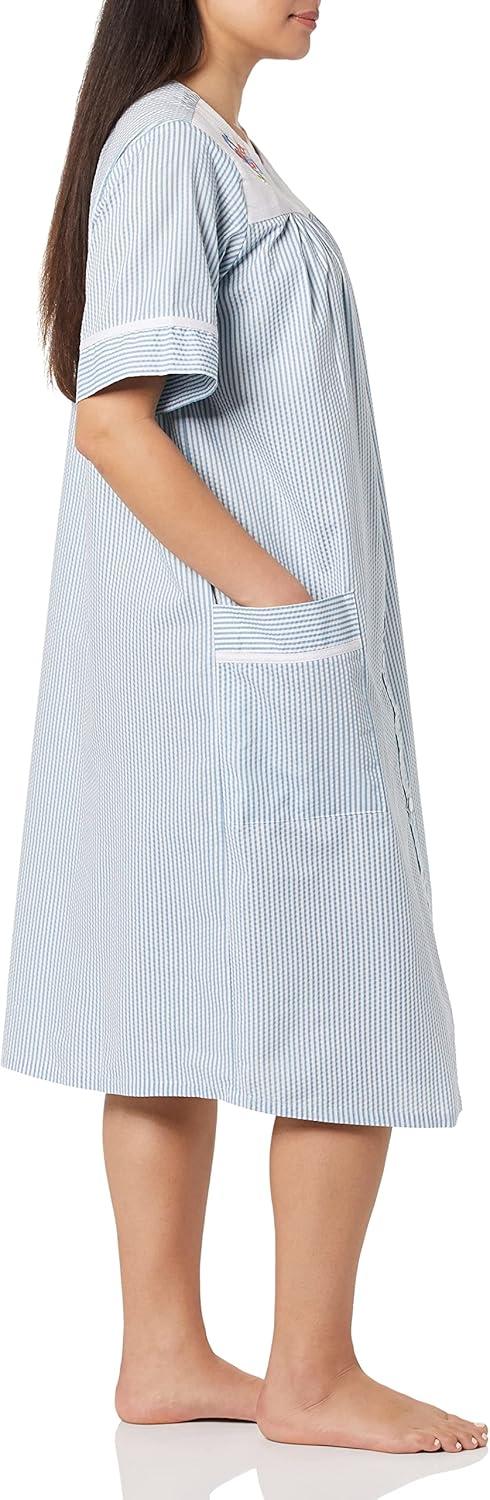 imageAmeriMark Women CalfLength Snap Front Knit Duster House Coat Robe LooseFitting Plush Bathrobe Short Sleeve Bath RobeFrench Blue