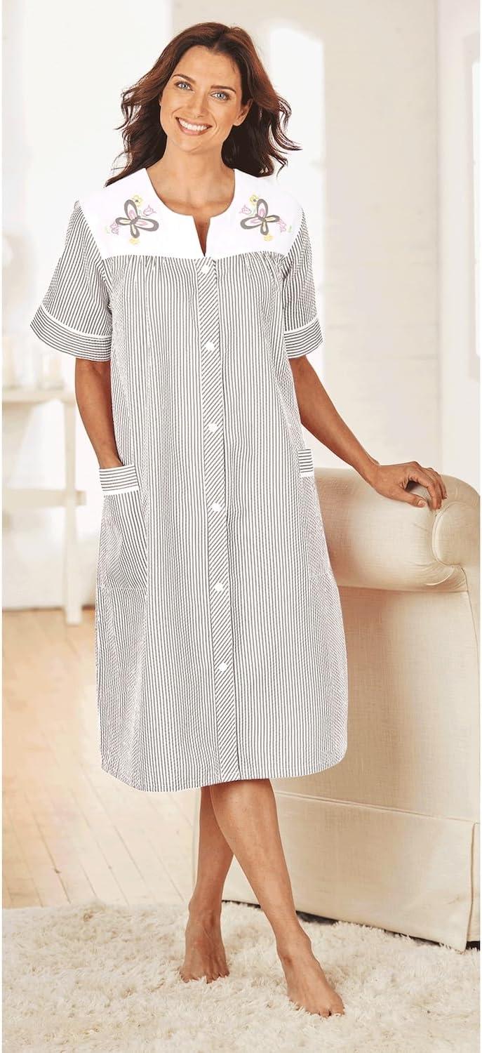 imageAmeriMark Women CalfLength Snap Front Knit Duster House Coat Robe LooseFitting Plush Bathrobe Short Sleeve Bath RobeKhaki Stripe