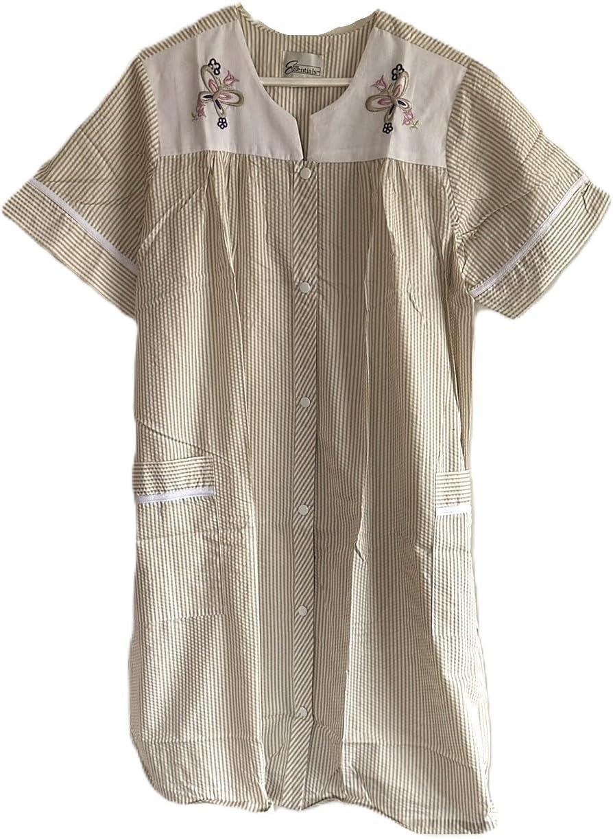 imageAmeriMark Women CalfLength Snap Front Knit Duster House Coat Robe LooseFitting Plush Bathrobe Short Sleeve Bath RobeKhaki Stripe