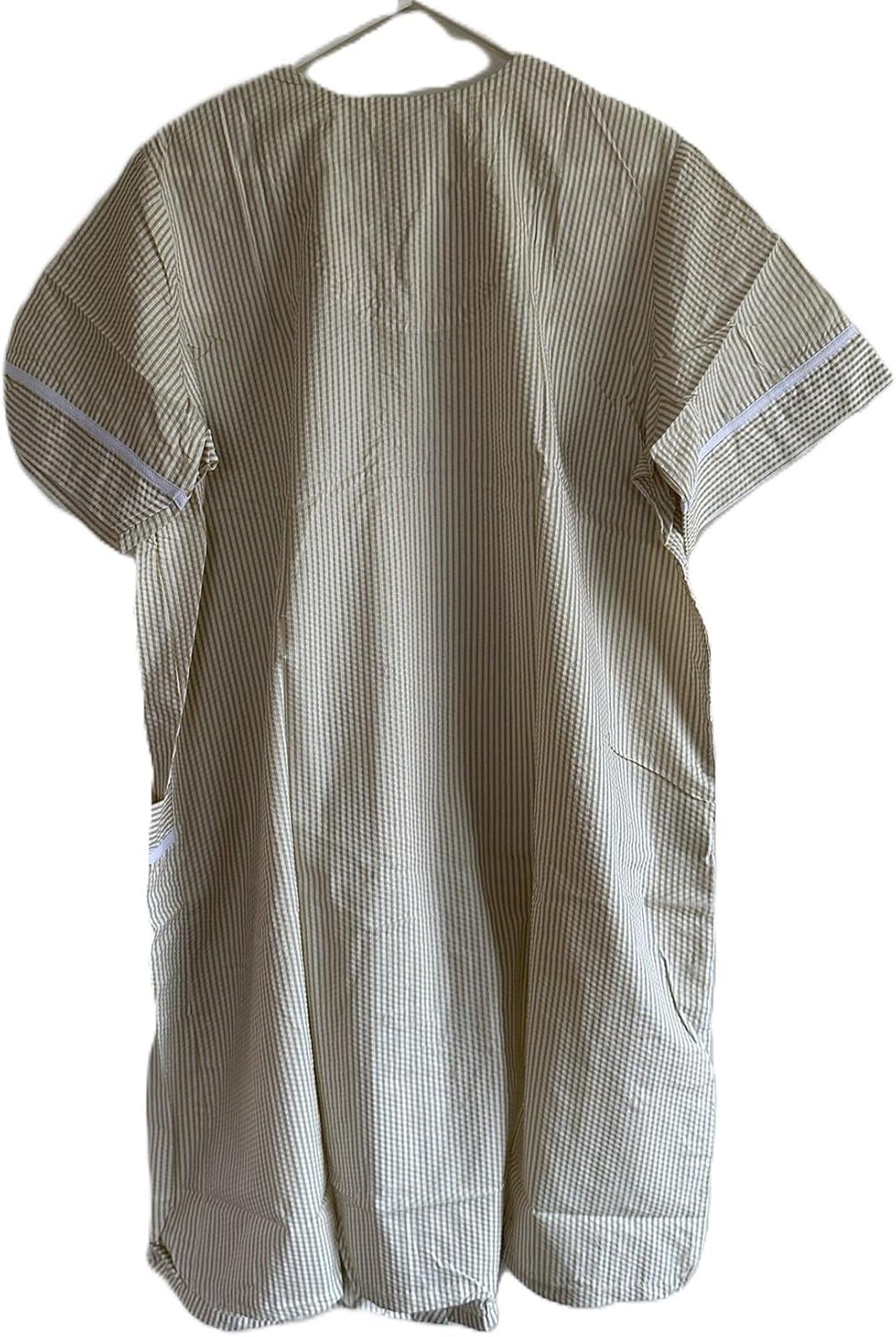 imageAmeriMark Women CalfLength Snap Front Knit Duster House Coat Robe LooseFitting Plush Bathrobe Short Sleeve Bath RobeKhaki Stripe