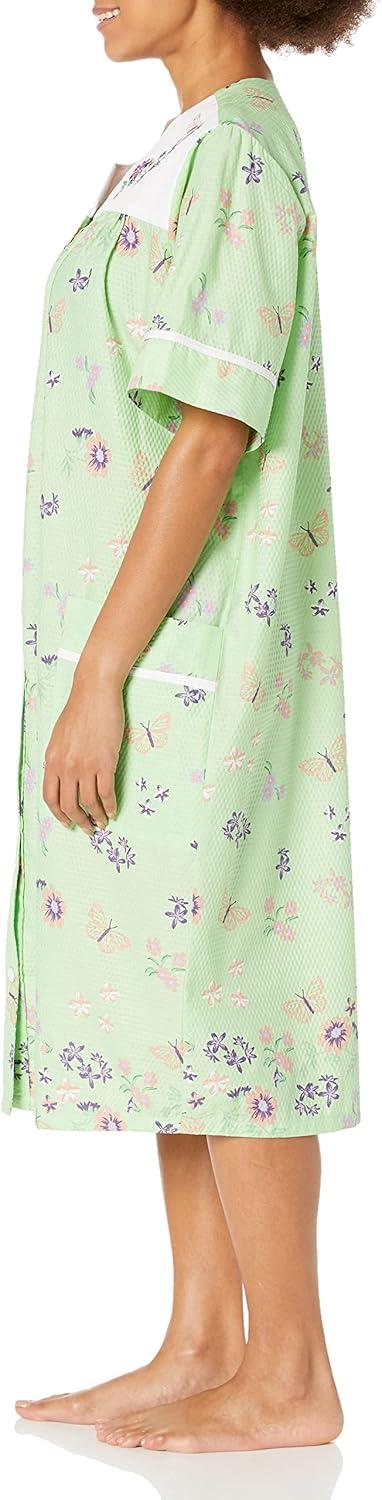 imageAmeriMark Women CalfLength Snap Front Knit Duster House Coat Robe LooseFitting Plush Bathrobe Short Sleeve Bath RobeMint Border