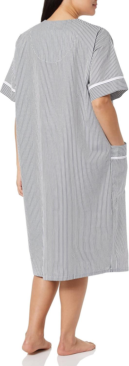 imageAmeriMark Women CalfLength Snap Front Knit Duster House Coat Robe LooseFitting Plush Bathrobe Short Sleeve Bath RobeNavy Stripe