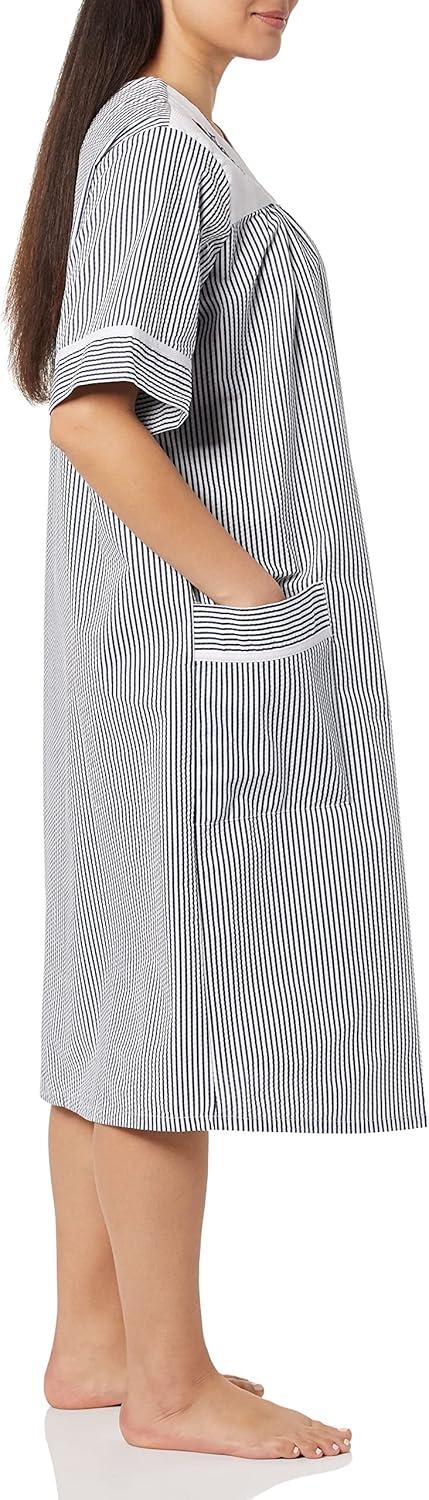 imageAmeriMark Women CalfLength Snap Front Knit Duster House Coat Robe LooseFitting Plush Bathrobe Short Sleeve Bath RobeNavy Stripe