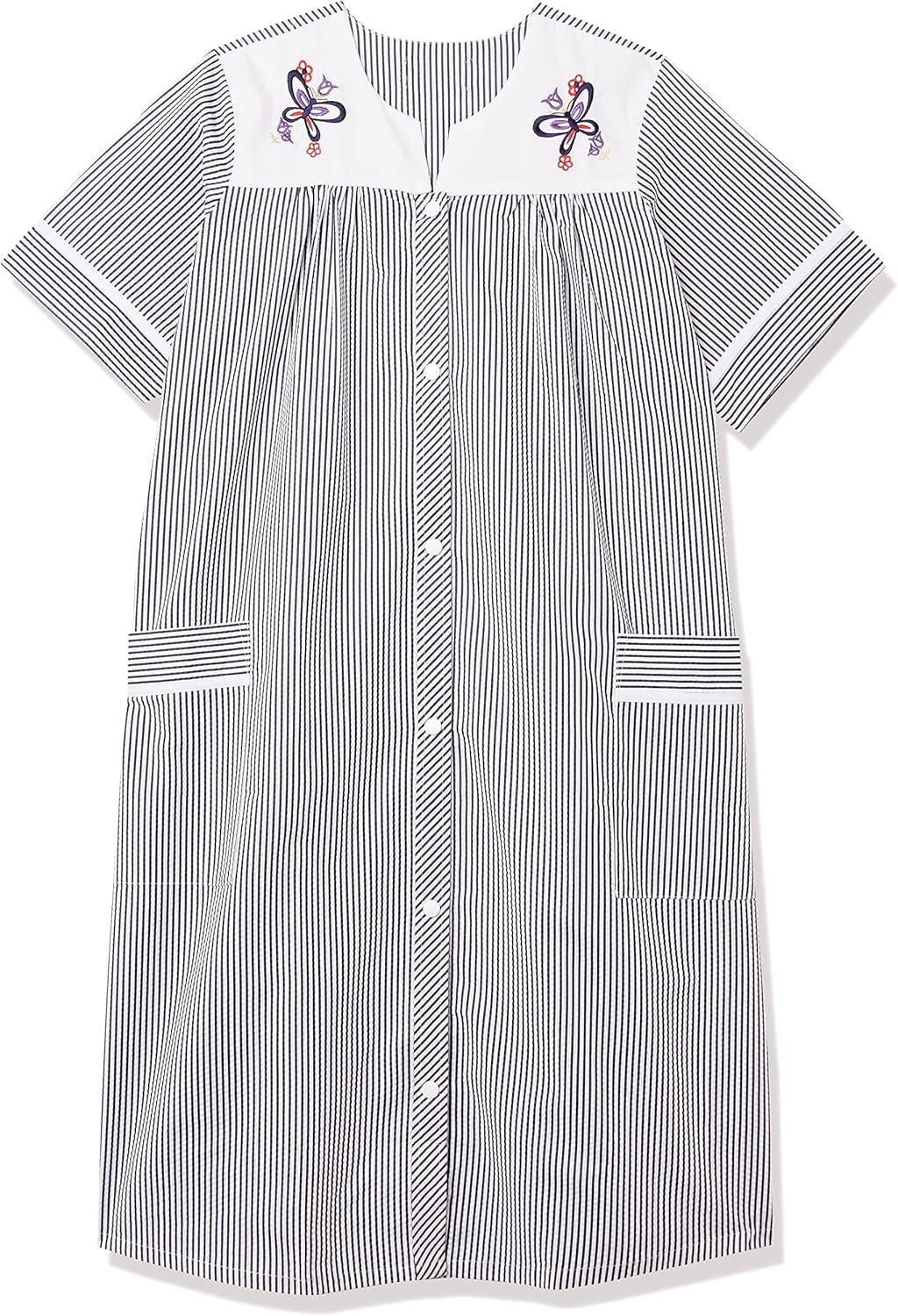 imageAmeriMark Women CalfLength Snap Front Knit Duster House Coat Robe LooseFitting Plush Bathrobe Short Sleeve Bath RobeNavy Stripe