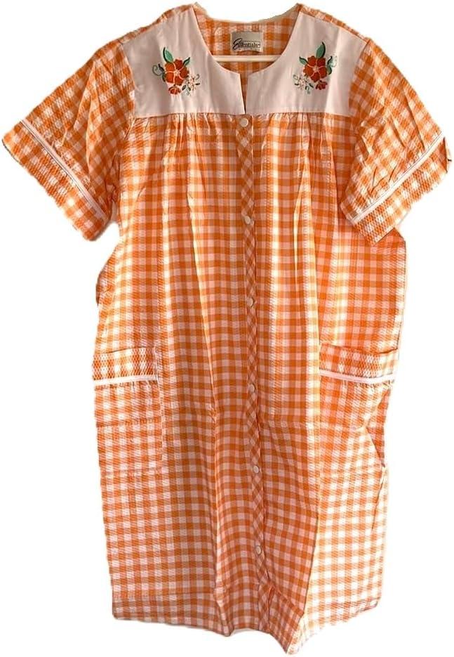 imageAmeriMark Women CalfLength Snap Front Knit Duster House Coat Robe LooseFitting Plush Bathrobe Short Sleeve Bath RobeOrange Check