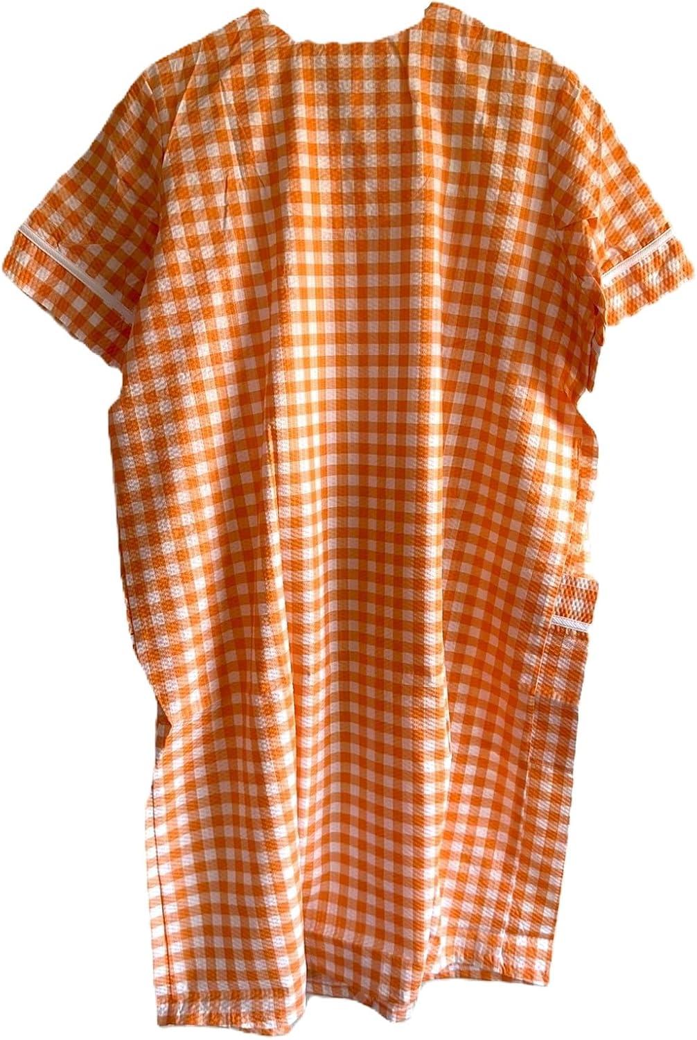 imageAmeriMark Women CalfLength Snap Front Knit Duster House Coat Robe LooseFitting Plush Bathrobe Short Sleeve Bath RobeOrange Check