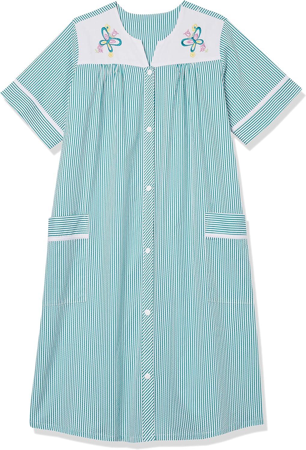 imageAmeriMark Women CalfLength Snap Front Knit Duster House Coat Robe LooseFitting Plush Bathrobe Short Sleeve Bath RobeTeal