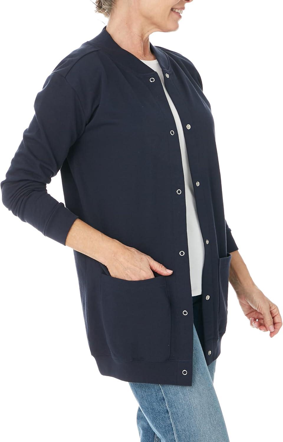 imageAmeriMark Women Fleece Snap Button Cardigan Sweatshirt Coat Ladies Soft Lightweight Warm Long Sleeve Jacket with PocketsNavy